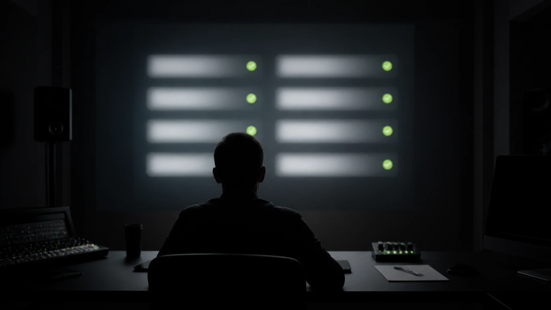 A silhouetted figure at a dark desk faces a wall display of softly glowing answer rows, each marked with a green check.