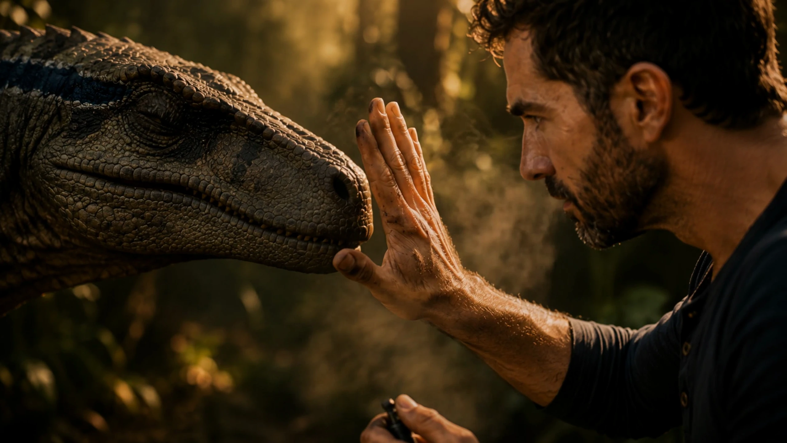 A hand rests on a raptor's snout in warm forest light, breath visible between them.