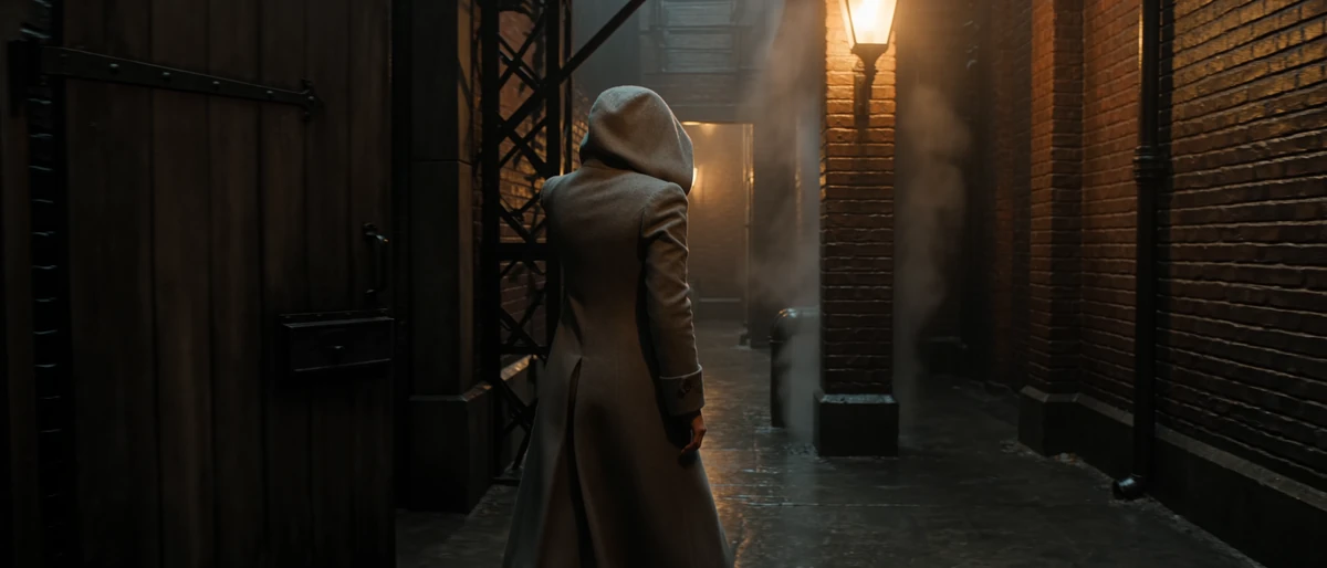 The hooded figure mid-stride through a gaslit period alley, warm lamps receding behind.