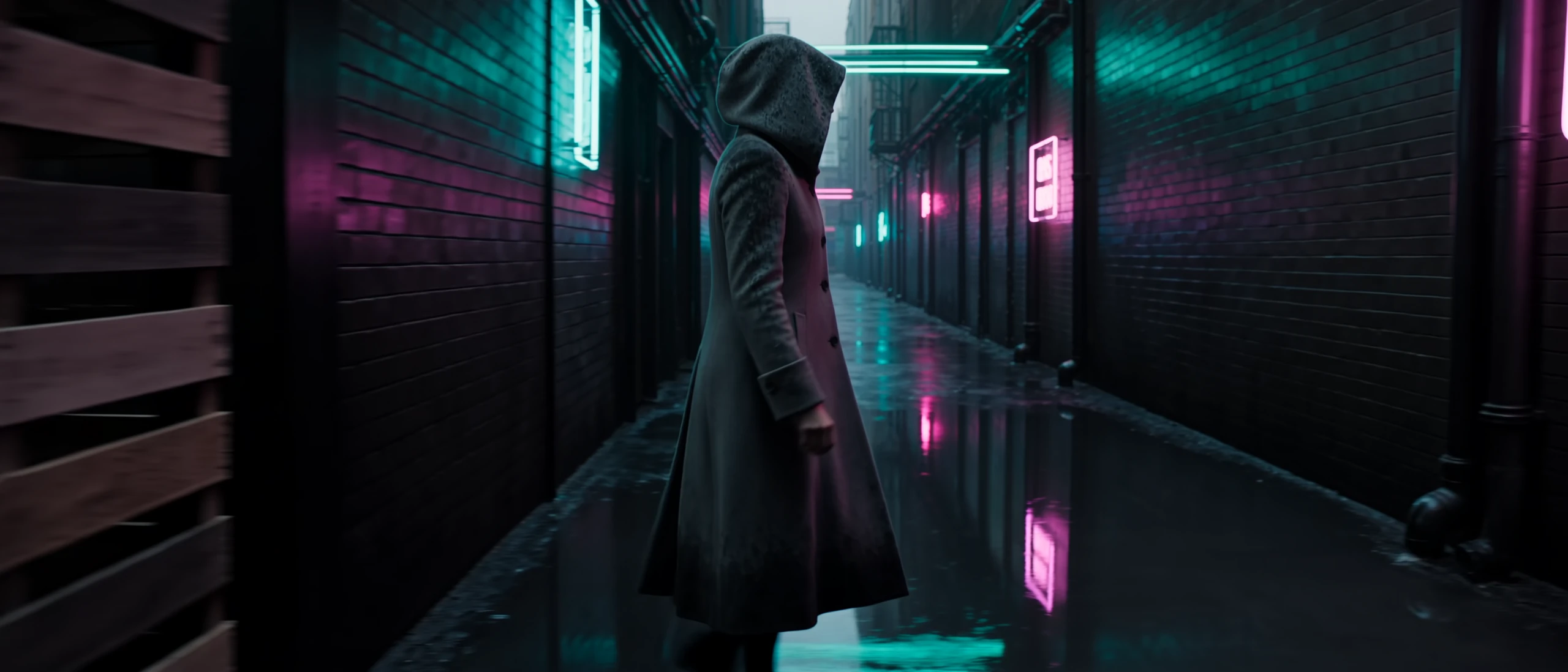 A hooded figure in a long coat walks a dark brick street past pink and teal neon signs.