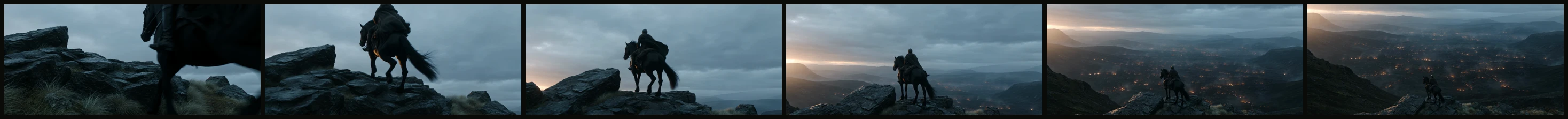 Six frames spaced across ten seconds as the valley opens behind the rider.