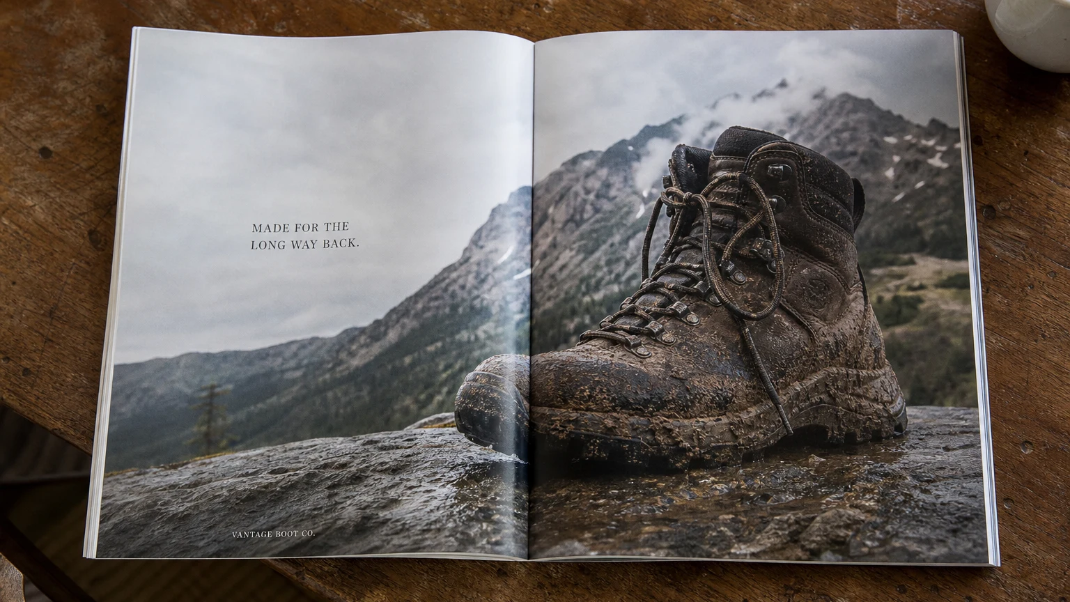 An open magazine on a kitchen table showing a full-bleed boot ad across the spread with a small serif headline.