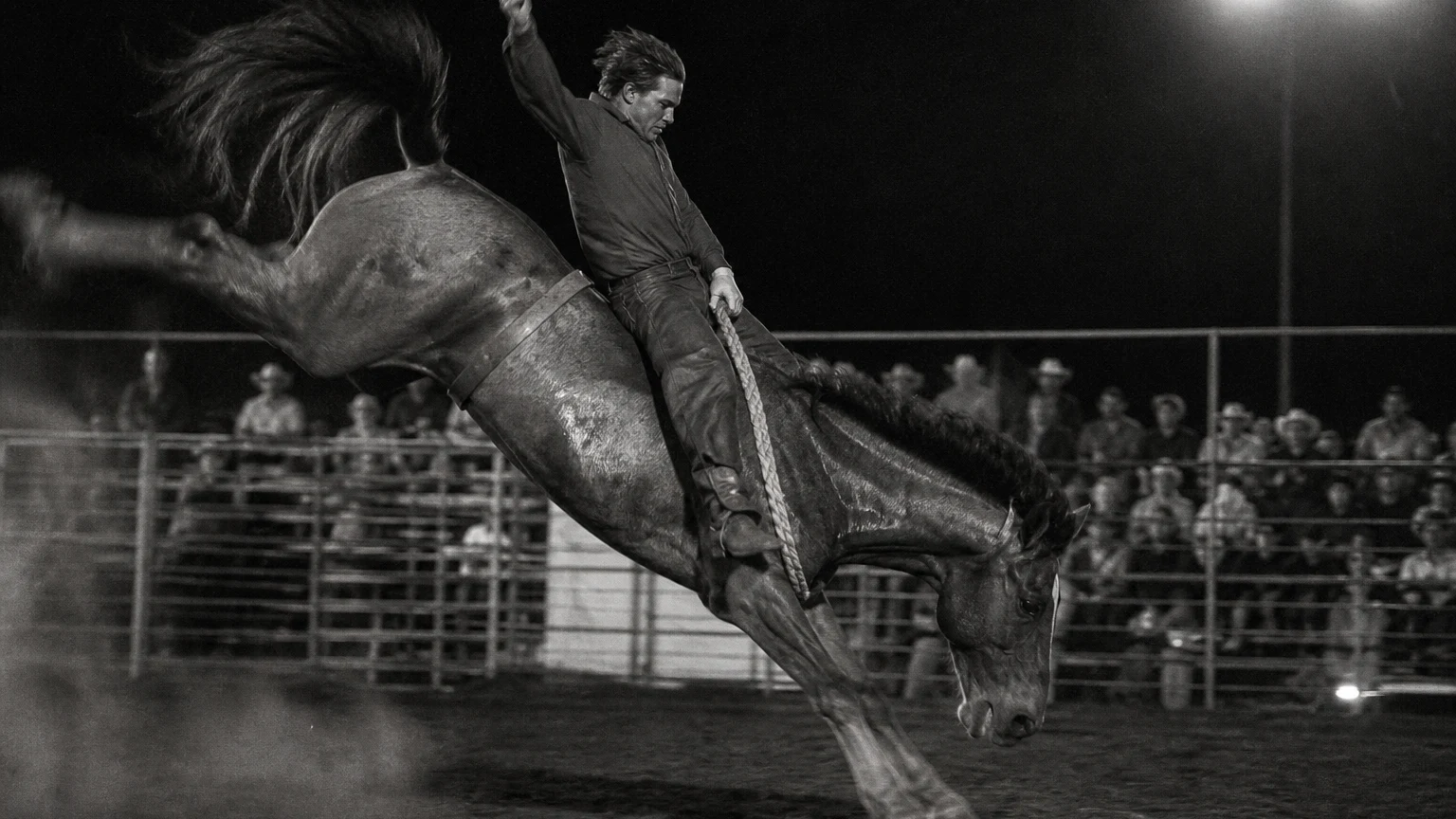 A rodeo rider holds on as a bronco bucks under the arena lights, the crowd rail blurred behind.