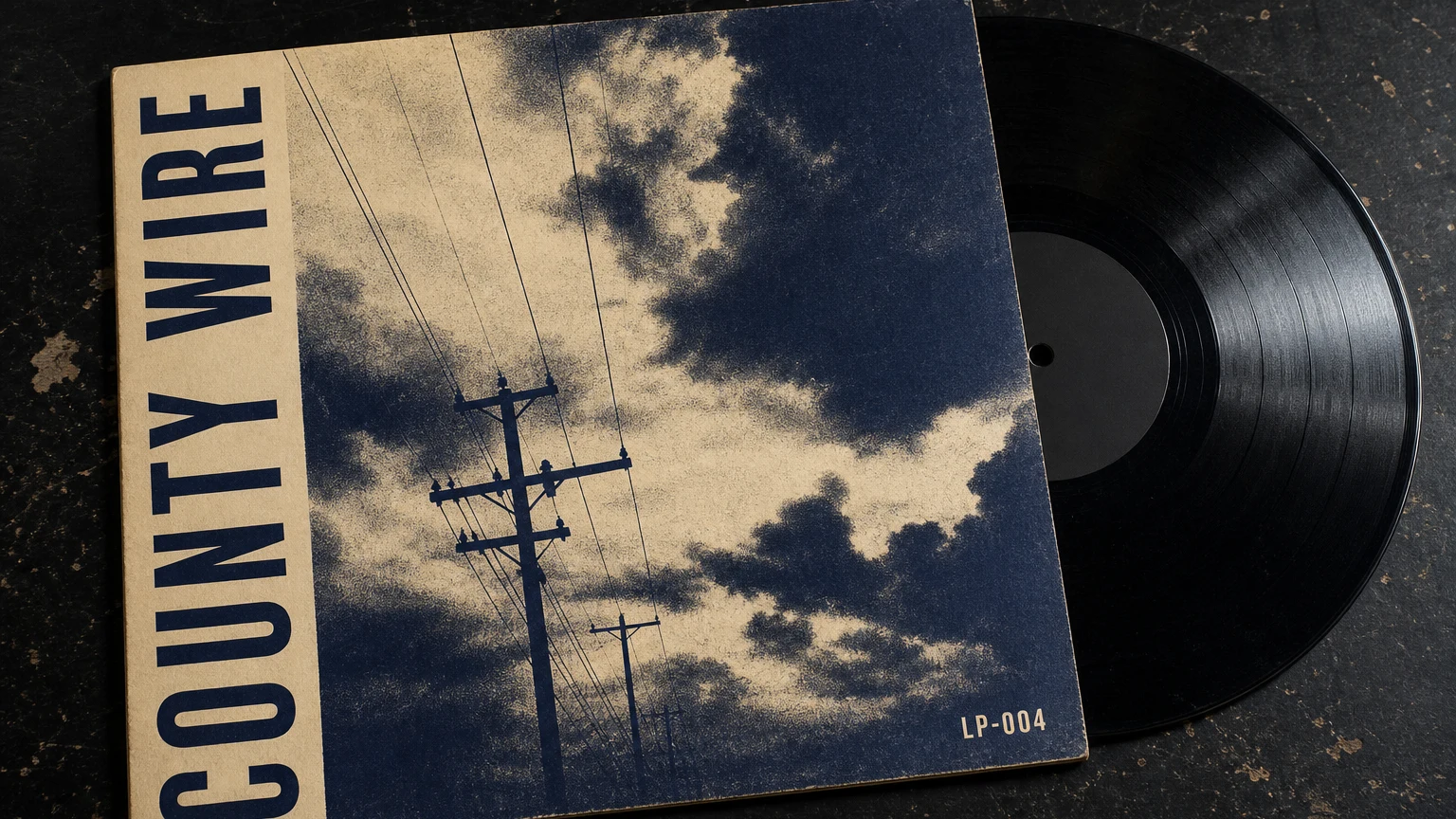 A record sleeve photographed on a dark table, a duotone storm-sky design with the band name set vertically up its left edge, the vinyl half slid out.