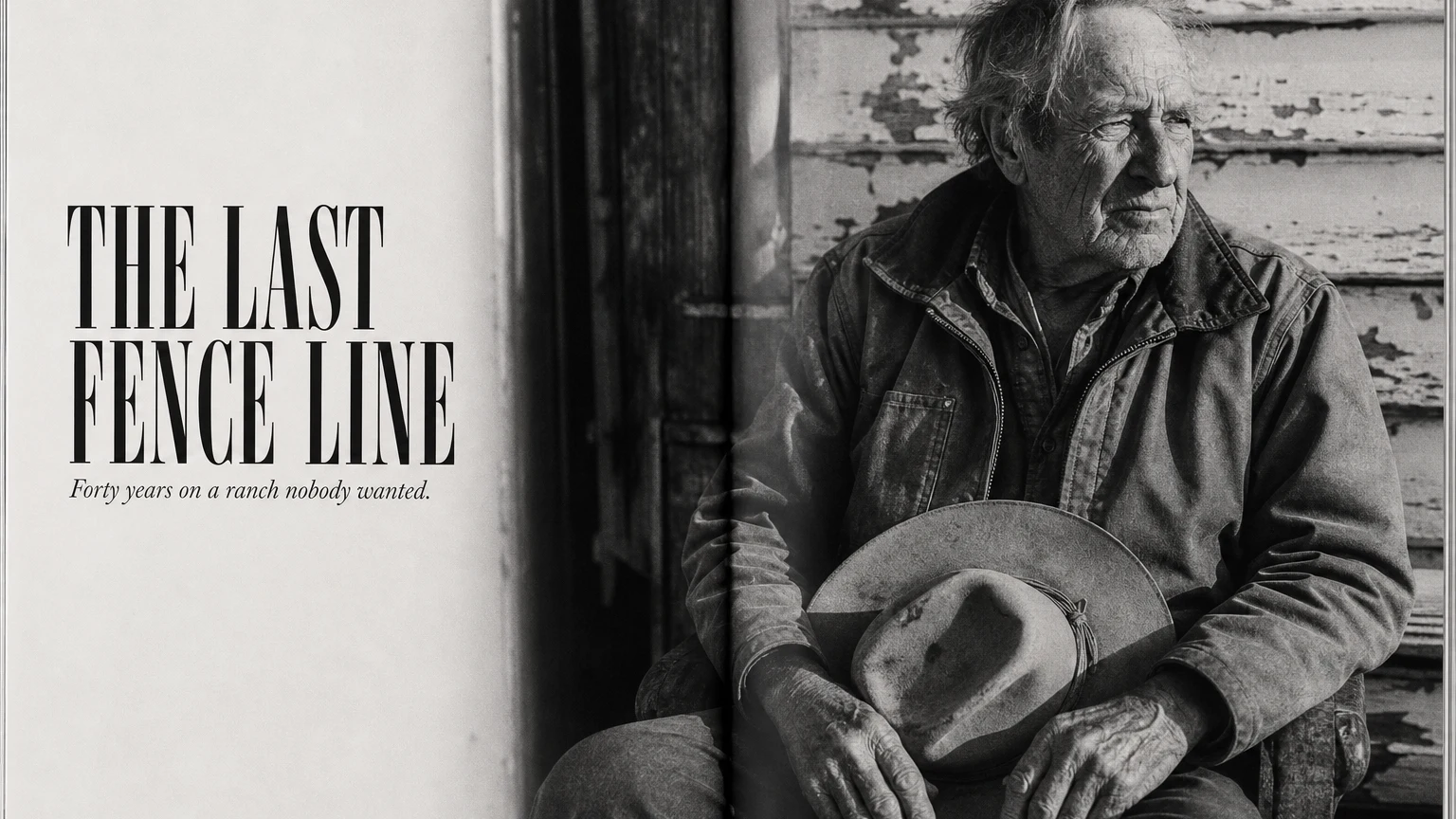 A magazine feature opener: a black and white portrait of a weathered rancher bleeding across the gutter, a tall condensed headline on the facing page.