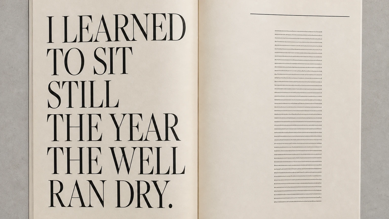 A type-led magazine spread: one enormous serif quotation on the left page, a narrow text column and folio line on the right.