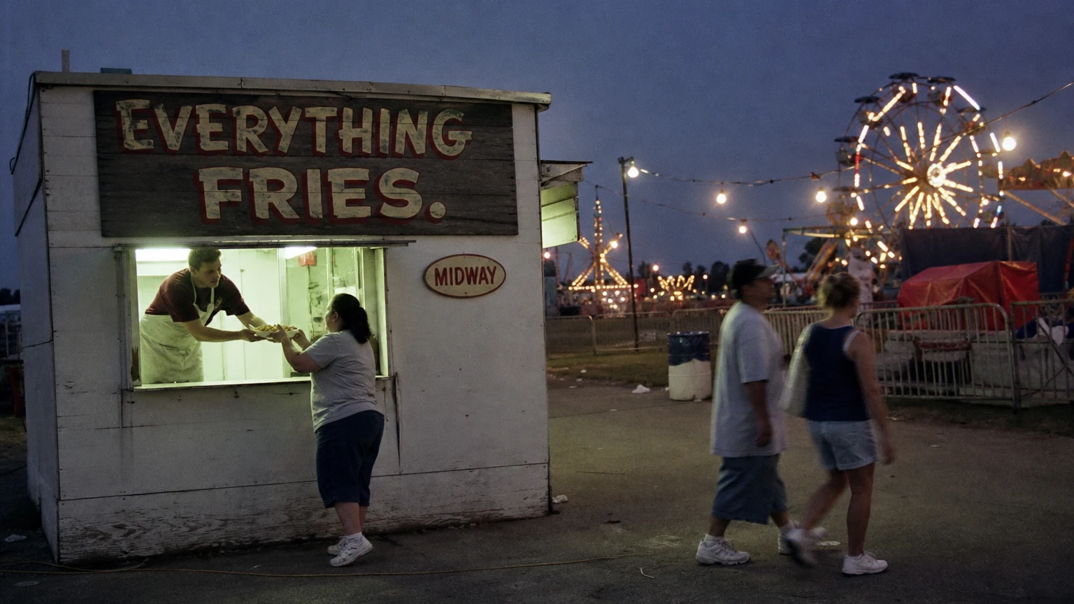 A fry stand at a county fair at dusk, string lights on, the hook hand-painted on the stand's sign board, rides blurred behind.