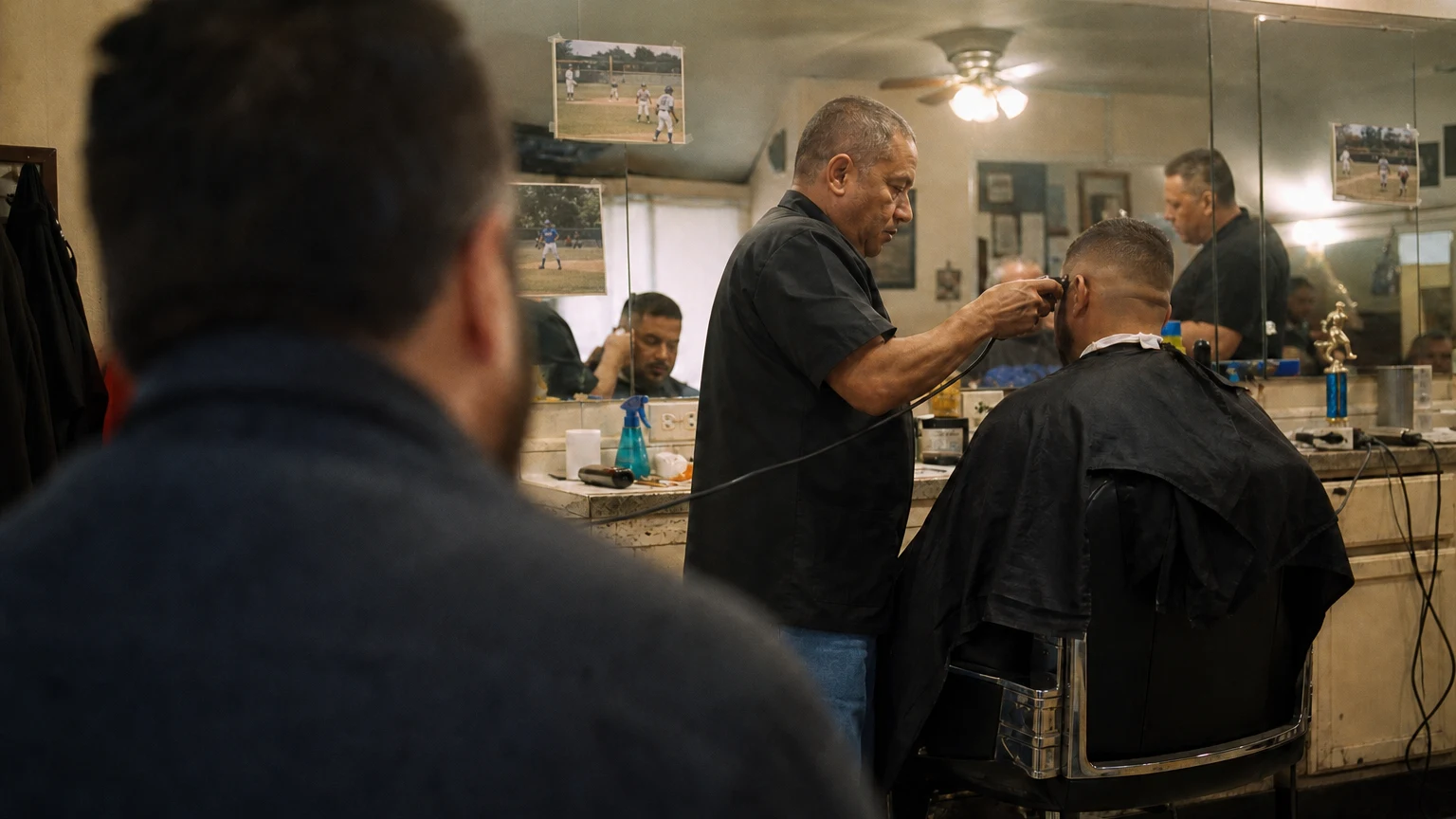 Inside the barbershop, a barber works a fade under tungsten light, the mirror wall doubling the room.