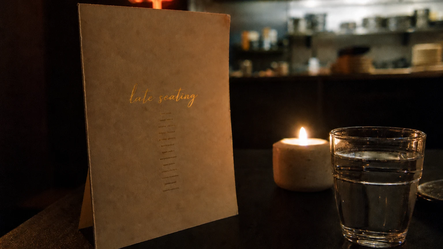 A folded card menu on a dark restaurant table, its cursive foil-stamped logo matching the neon sign glowing far behind.