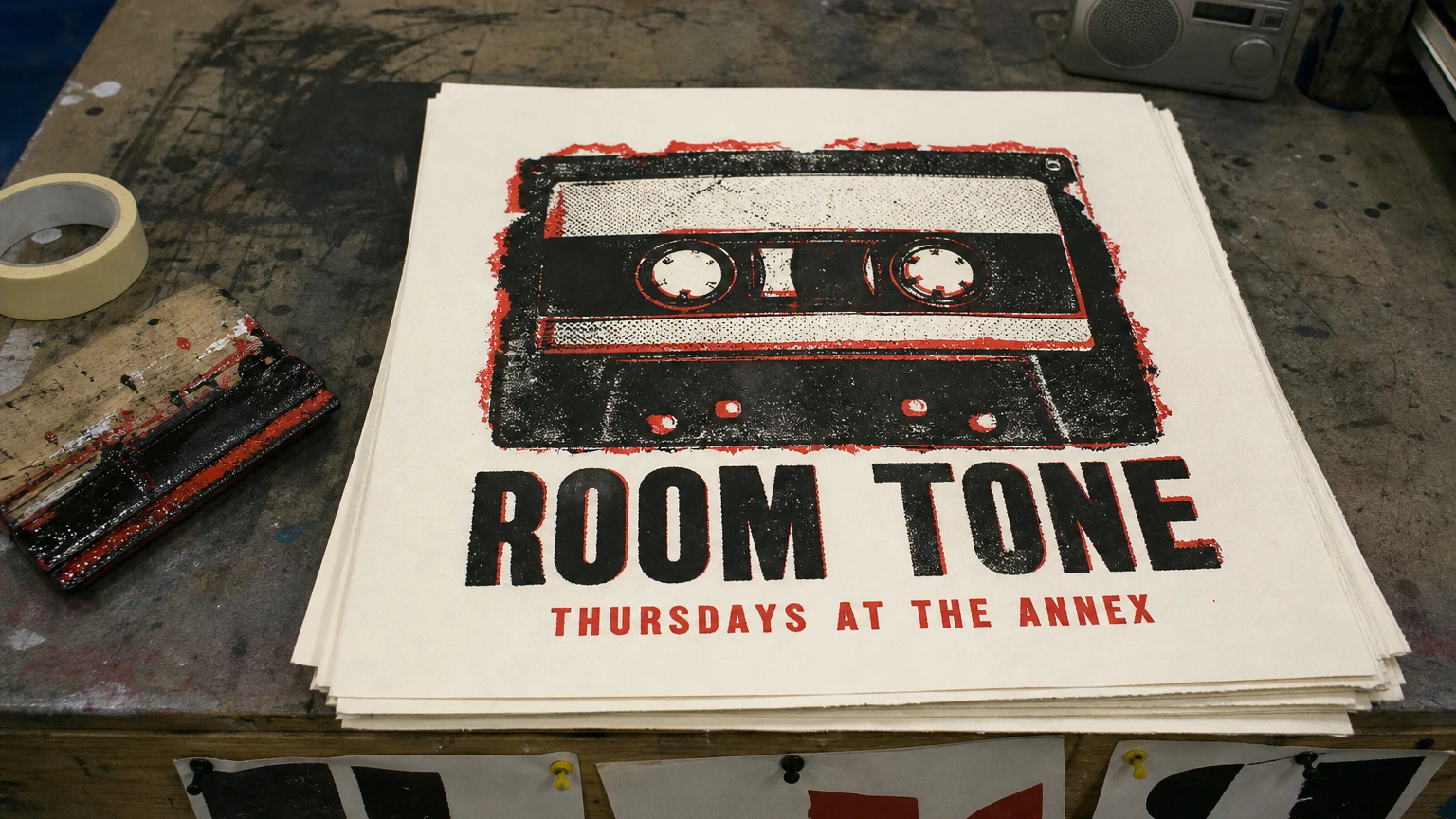 A stack of freshly screen-printed two-color gig posters on a print-shop table, squeegee and test prints around it.