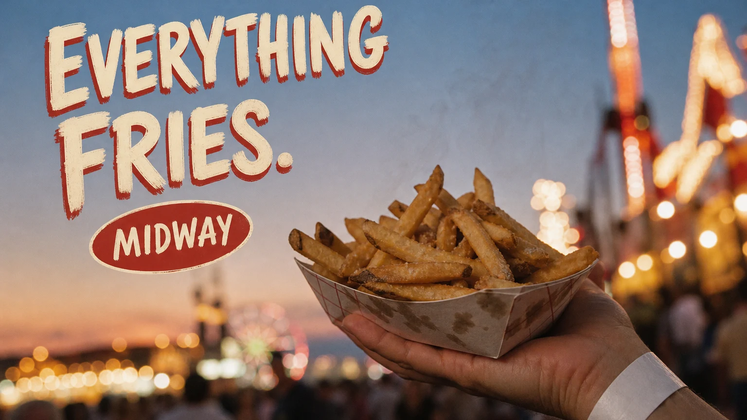 A paper boat of fries held out against fair lights at dusk, the series hook hand-painted into the upper sky.