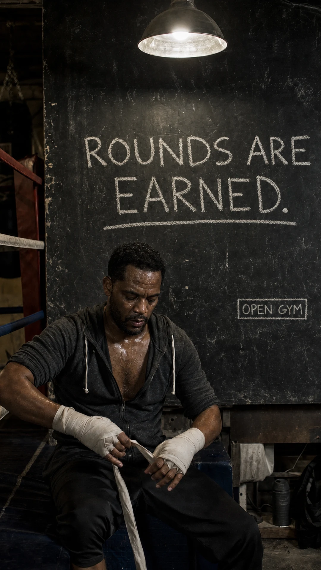 A vertical show cover: a boxer wraps his hands on the ring apron under one lamp, the hook chalked large on the blackboard wall behind him.
