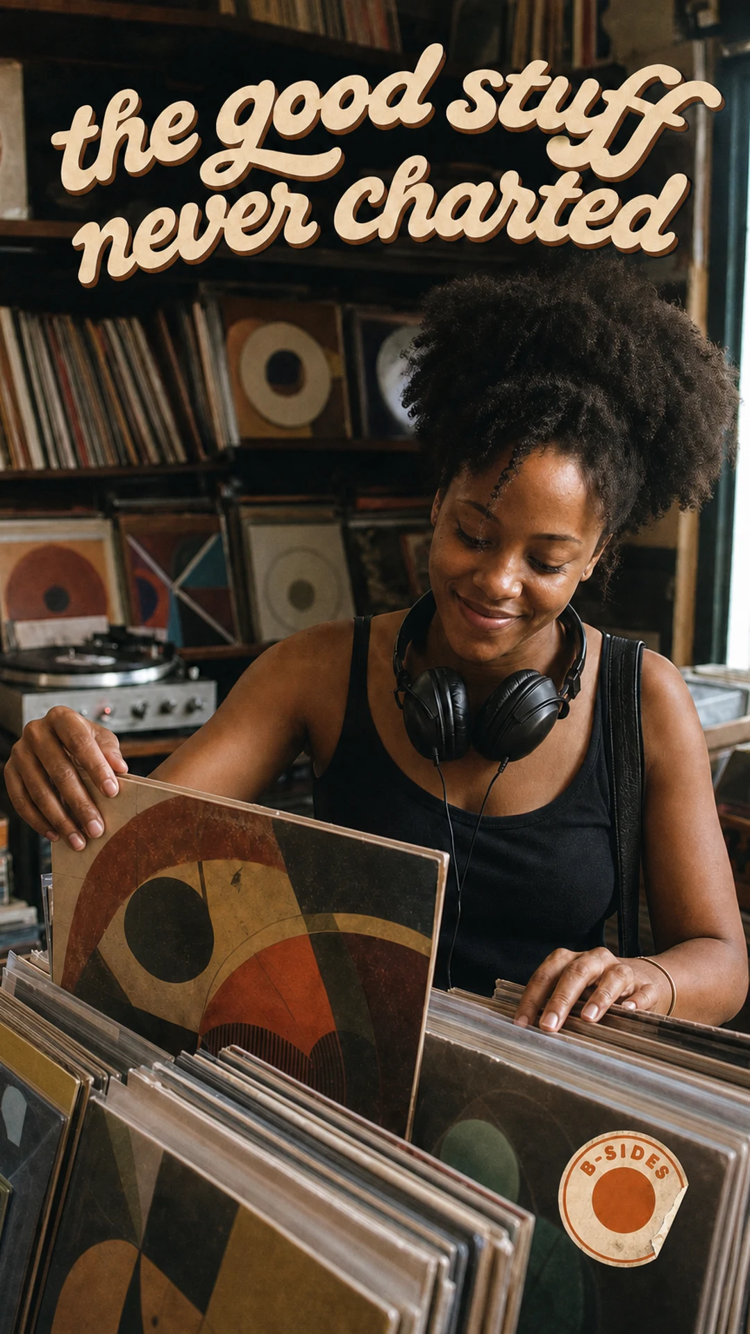 A vertical show cover: a crate digger flips through records in a packed shop, the hook set in warm seventies script above her, a peeling record-label sticker in the corner.