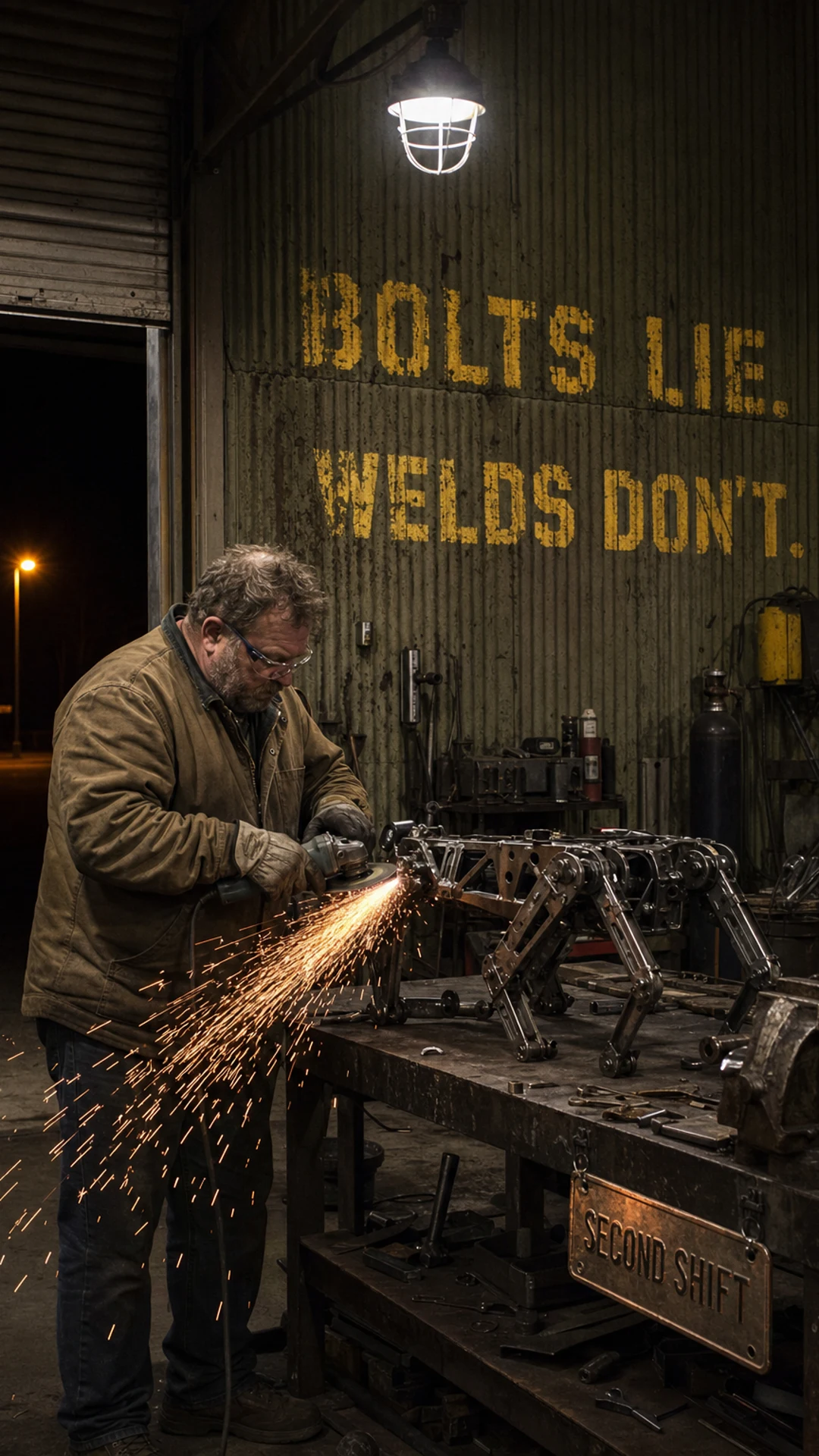 A vertical show cover: a builder grinds a weld on a walking machine while the hook sits stencil-painted on the shop wall behind him.