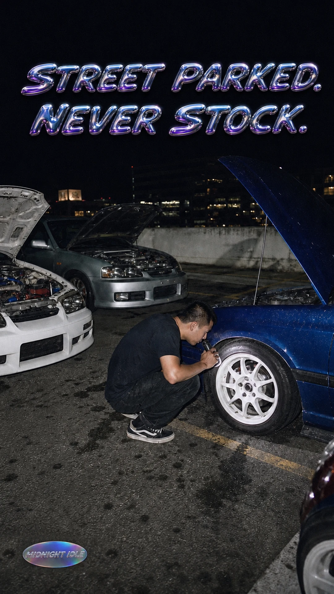 A vertical show cover: a late-night rooftop car meet shot with hard flash, the hook in liquid Y2K chrome bubble letters with a small holographic decal.