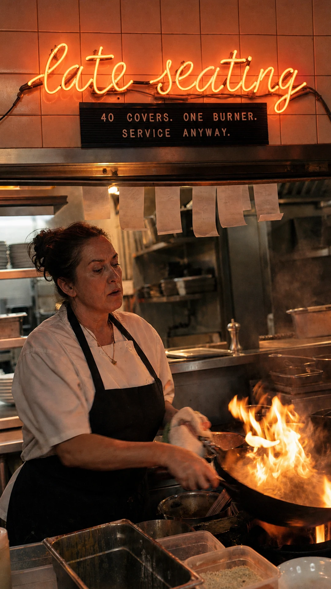 A vertical show cover: a chef works a flaming wok under a cursive neon sign, the premise spelled out on a small letterboard beneath it.