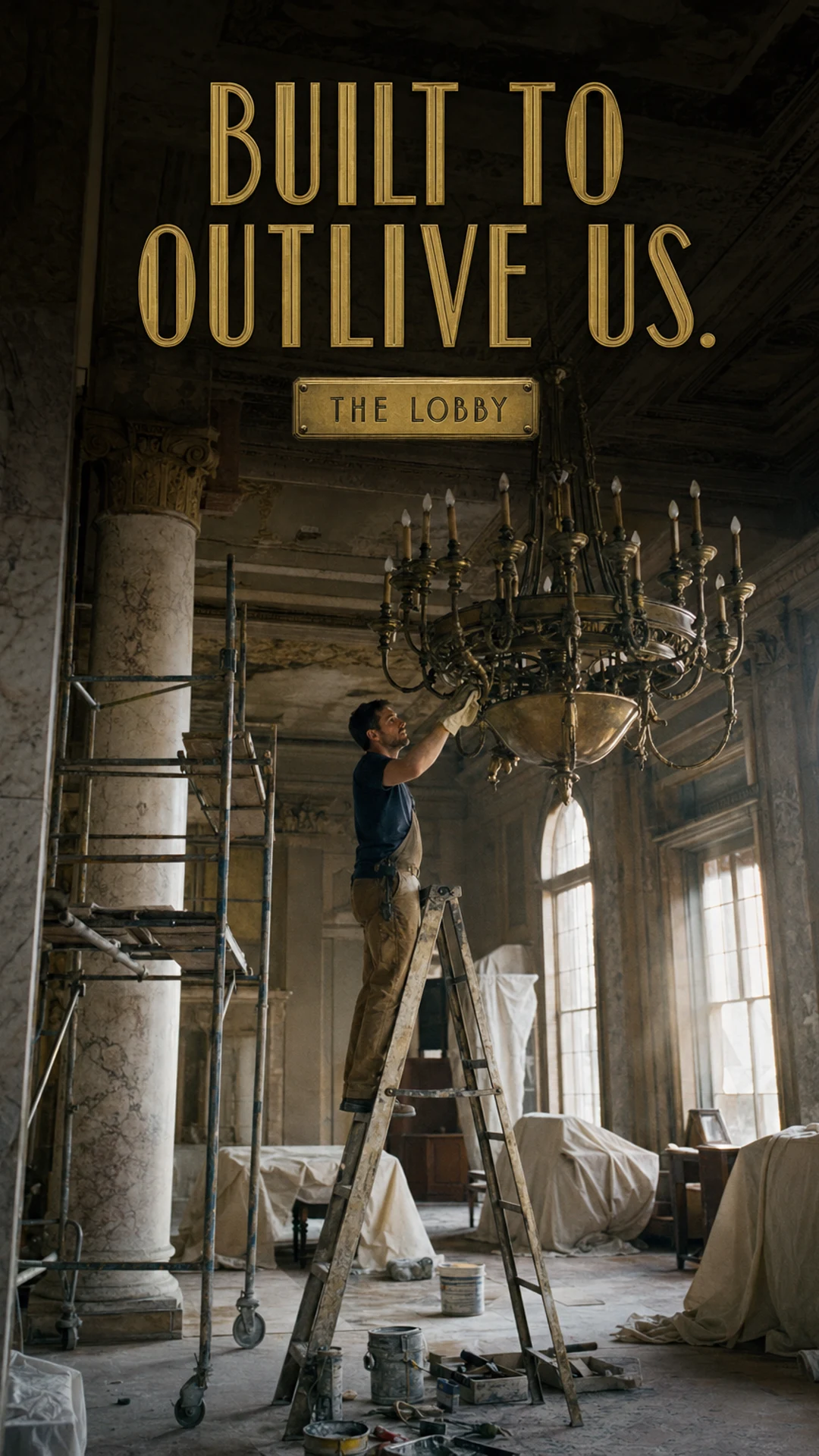 A vertical show cover: a restorer on a ladder cleans a brass chandelier in a hotel lobby mid-restoration, the hook in art-deco capitals with a brass plaque below.