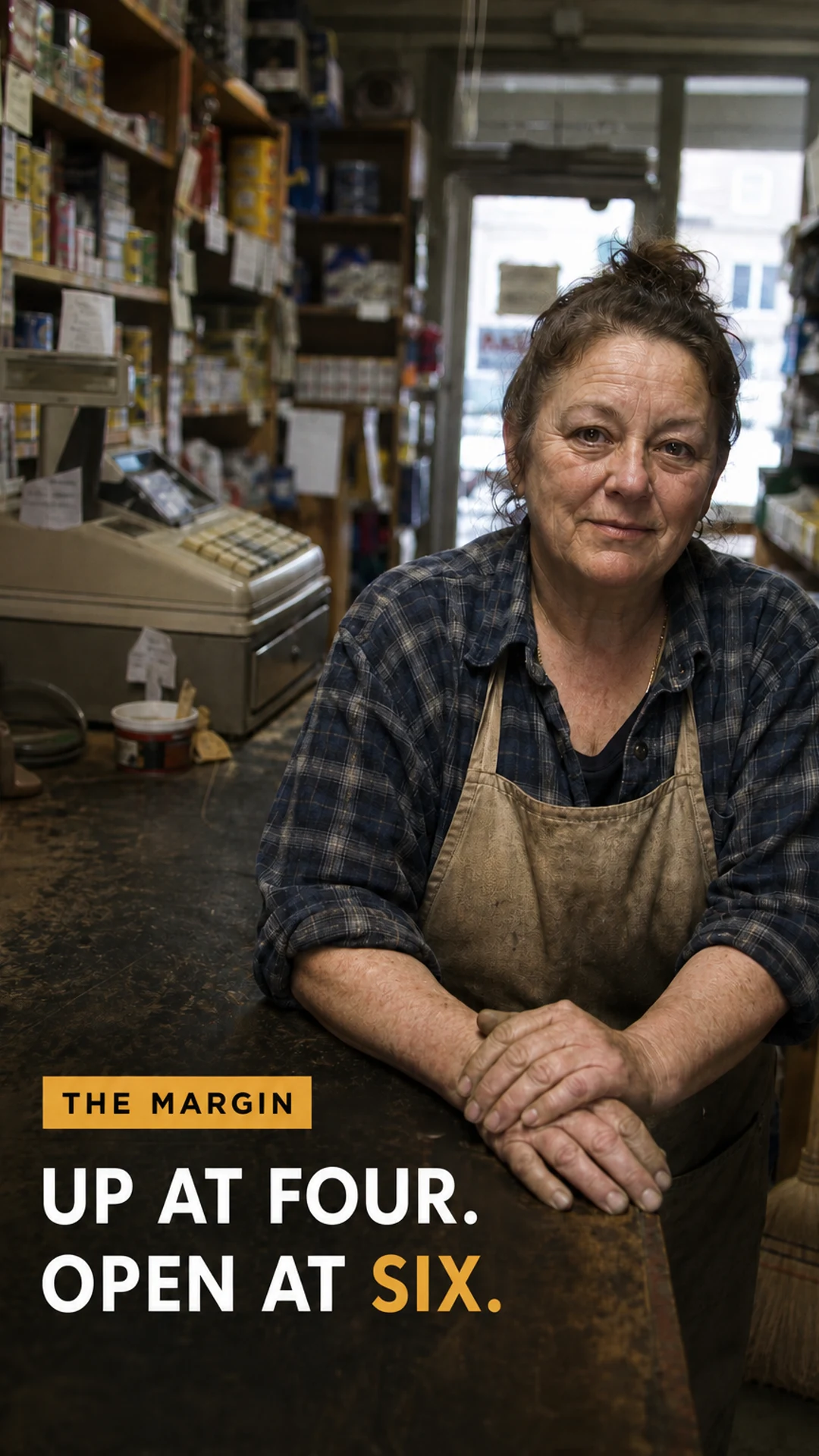 A vertical show cover: a shop owner leans on her worn counter at opening time, a small amber series chip and a bold two-line hook set over the counter.