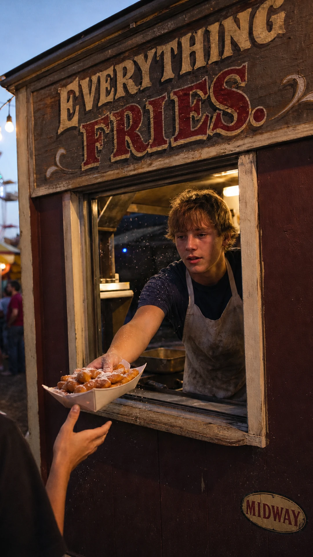 A vertical show cover: a fry-stand vendor hands food out the window at a county fair at dusk, the hook hand-painted on the stand's sign board.