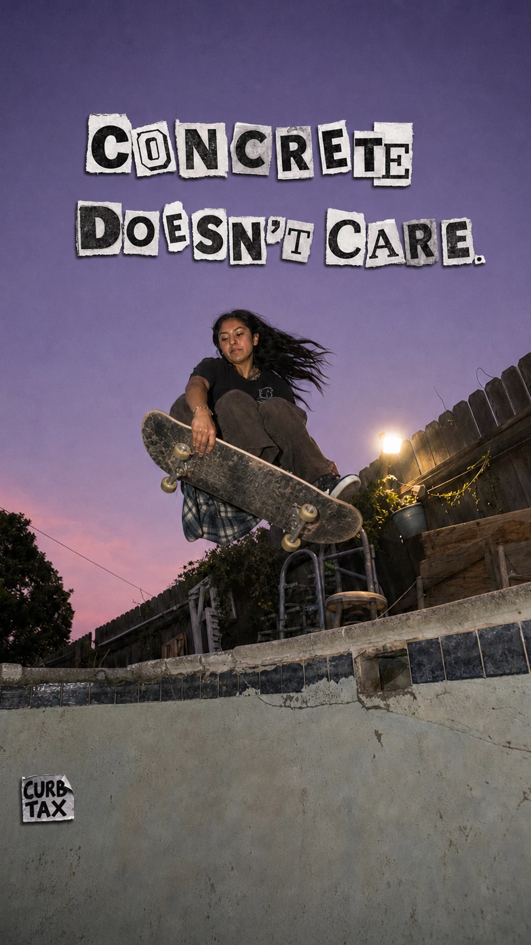 A vertical show cover: a skater catches a frontside air out of a backyard pool at dusk, the hook pasted across the sky in torn-paper ransom-note letters.