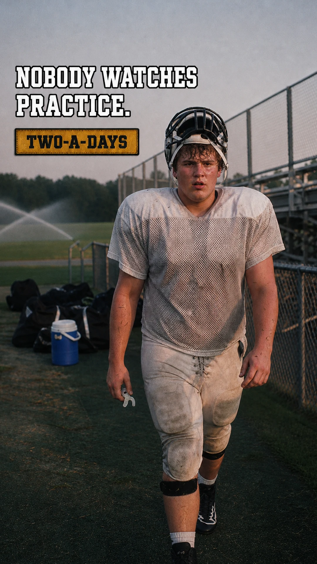 A vertical show cover: an exhausted lineman walks off a dawn practice field, the hook in varsity block capitals with a stitched banner patch below it.