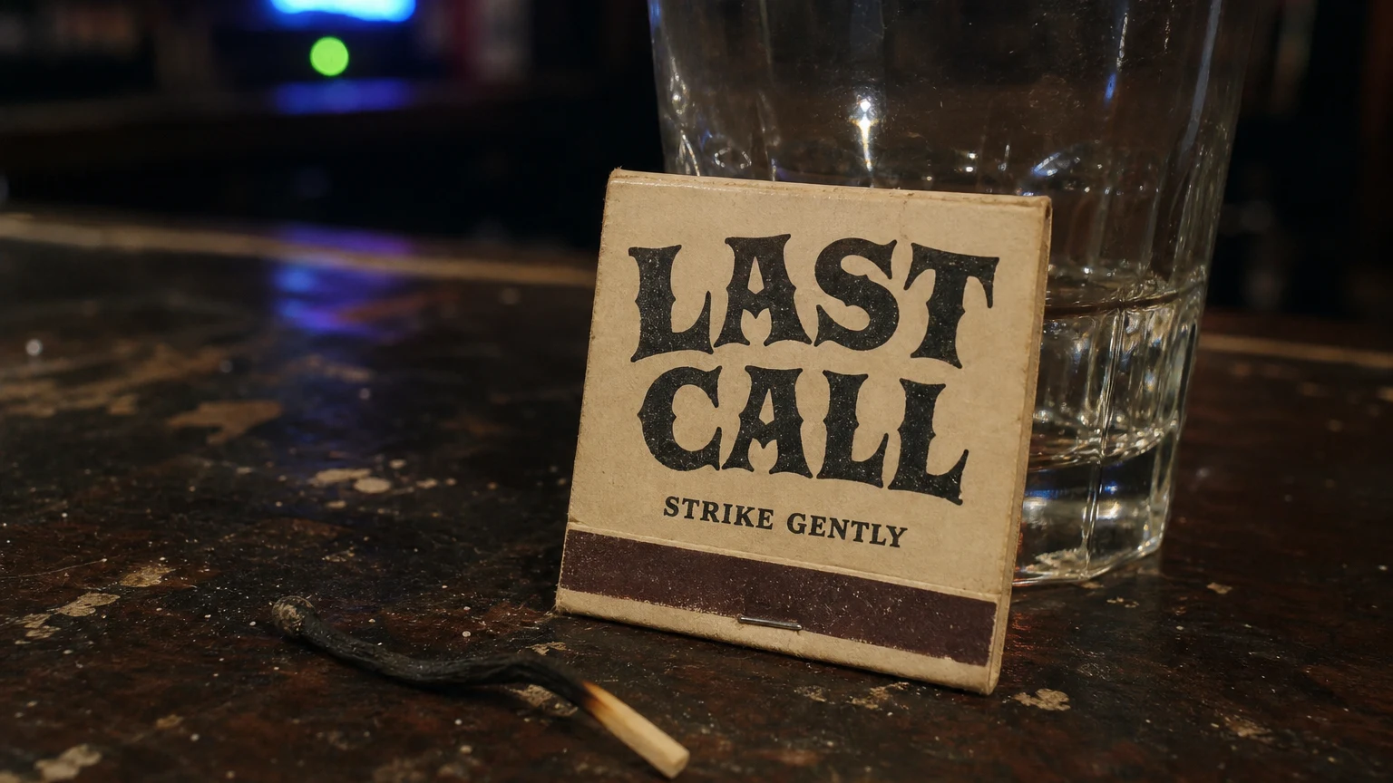 A matchbook propped against a lowball glass on a bar top, the title printed in flared seventies bar lettering.