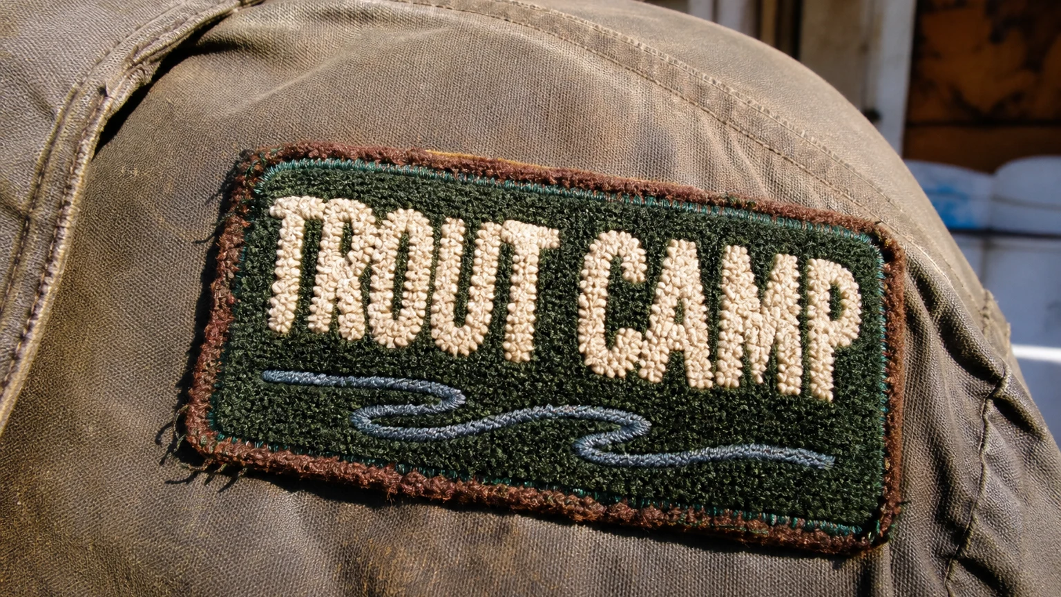 An embroidered patch sewn to a faded canvas jacket, the title in looped thread capitals over a stitched river line.