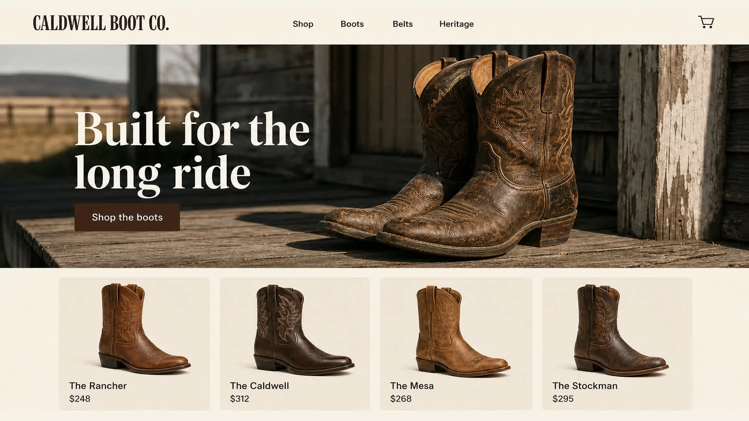 An ecommerce homepage concept for a western boot brand.