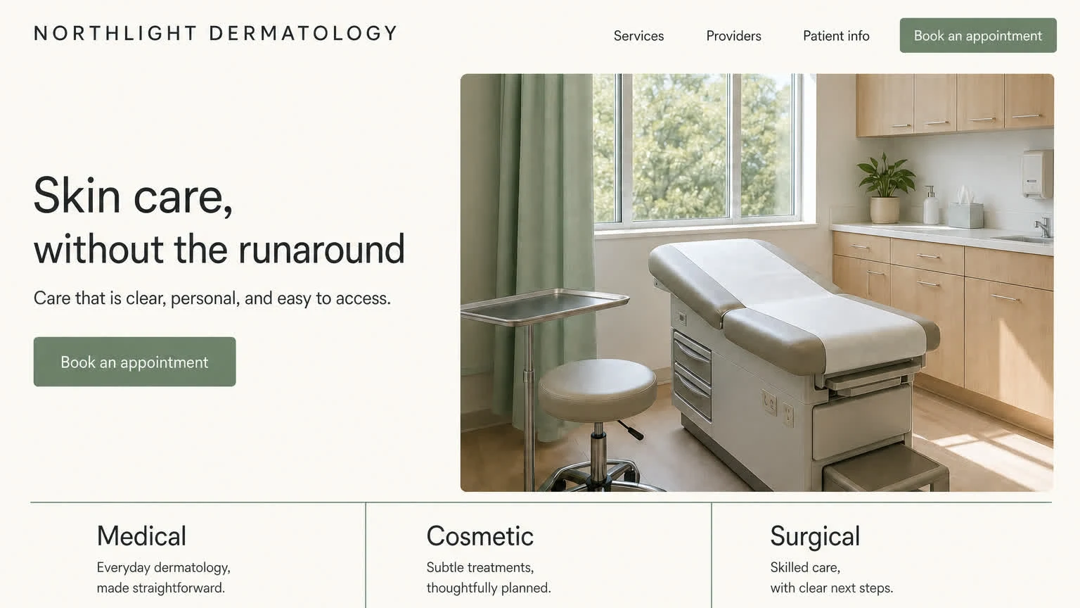 A light dermatology clinic homepage: a sunlit exam room, three service tiles, and a booking button.