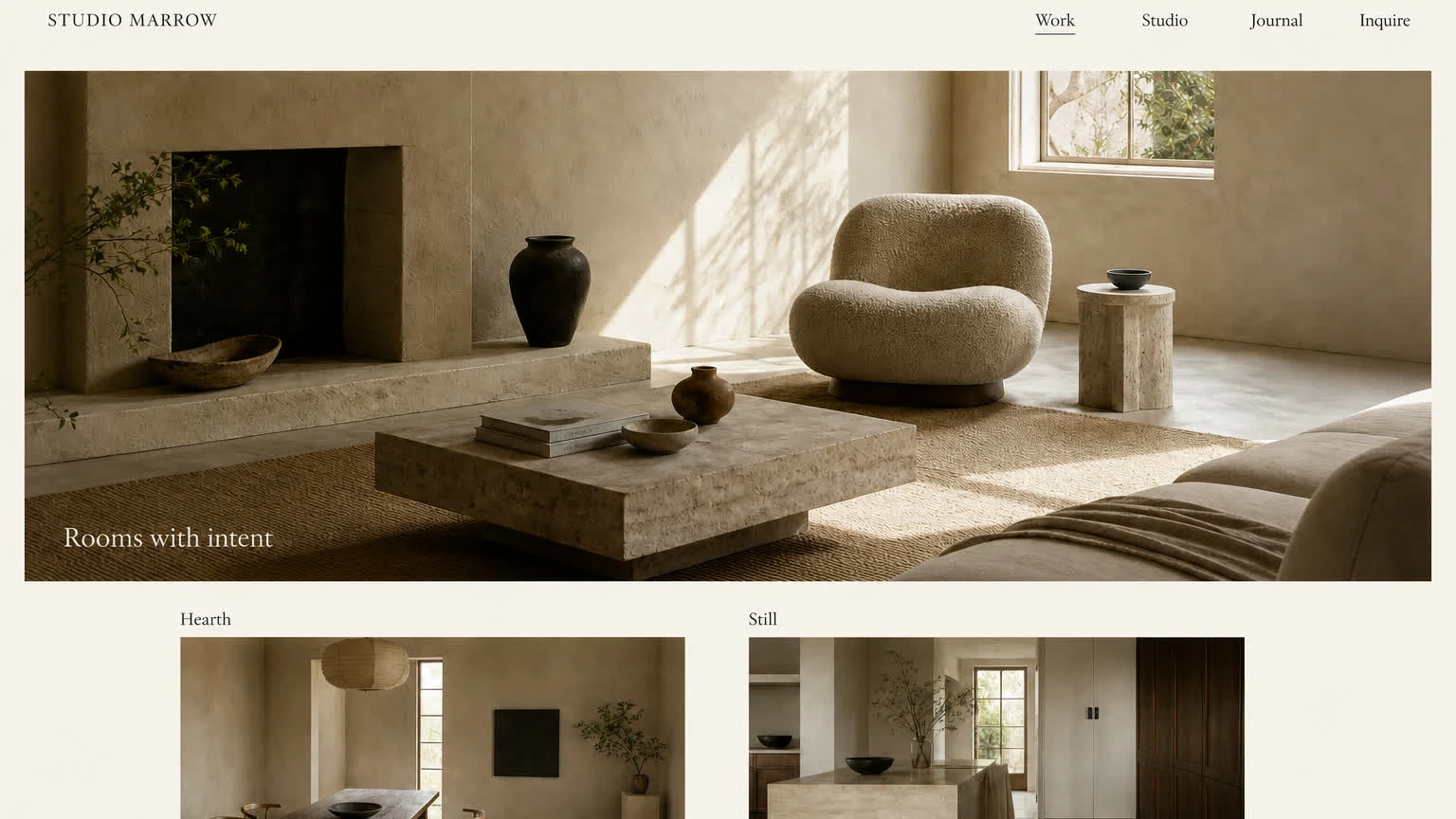 An editorial interior design studio homepage: a full-bleed plaster living room under a quiet serif nav.