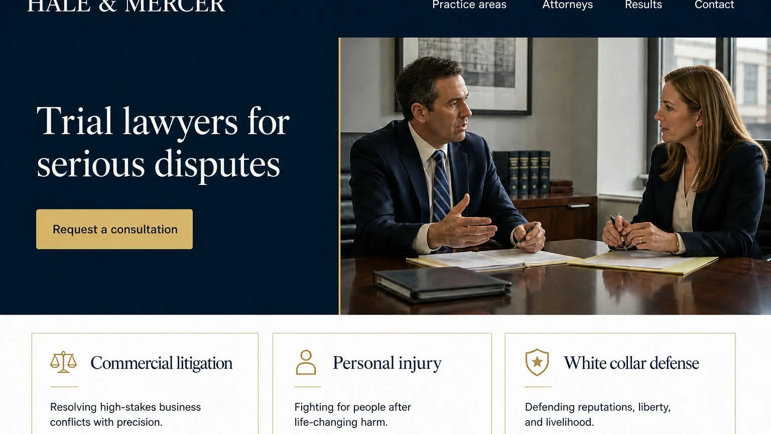 A navy law firm homepage: two attorneys in conference, three practice-area cards beneath.