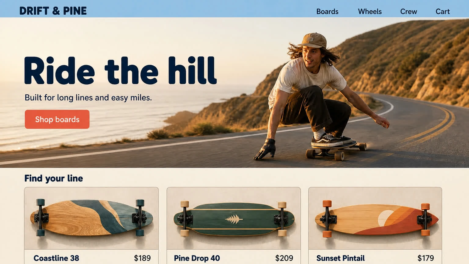 A bright longboard shop homepage: a rider carving a coastal road, three deck cards below.