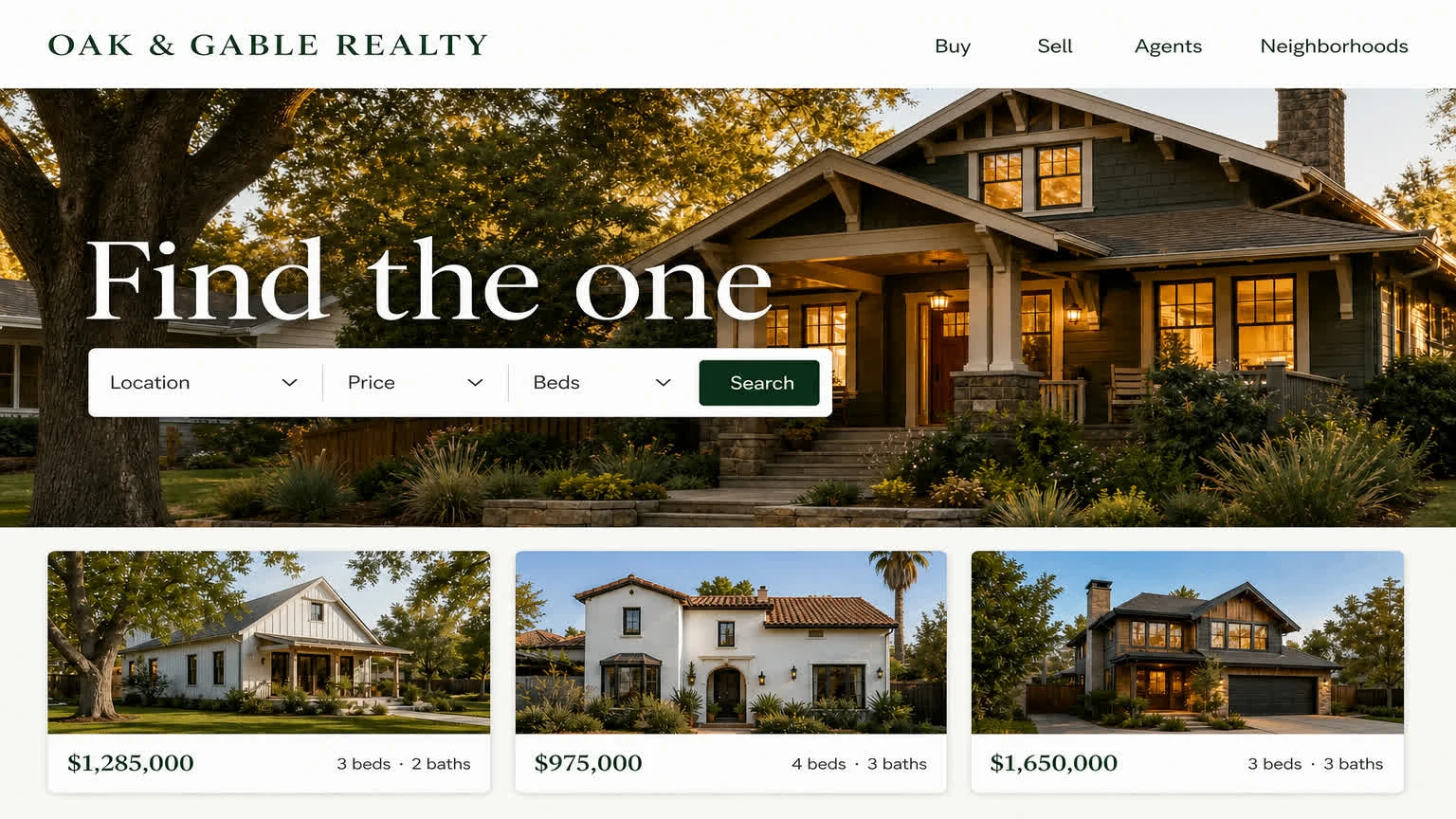 A real estate brokerage homepage: a golden-hour craftsman hero with a listing search bar and card row.