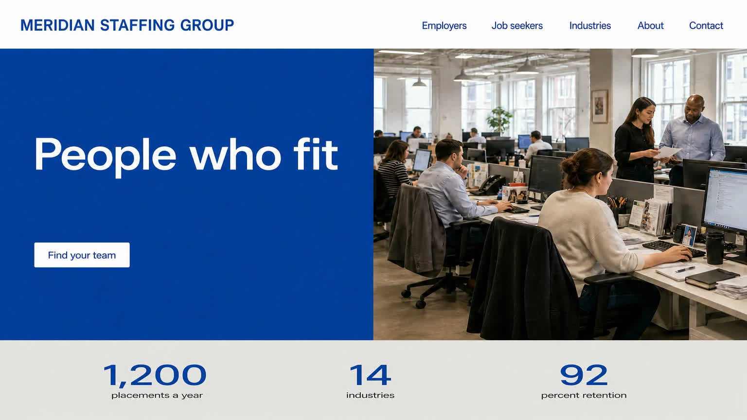 A cobalt staffing agency homepage: a split hero over a working office floor with a stats band.